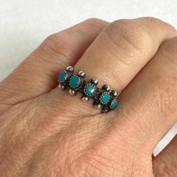 VTG Sterling Silver 925 Snake Eyes Round Turquoise Petit Point Ring Sz 5.75 - Picture 3 of 16